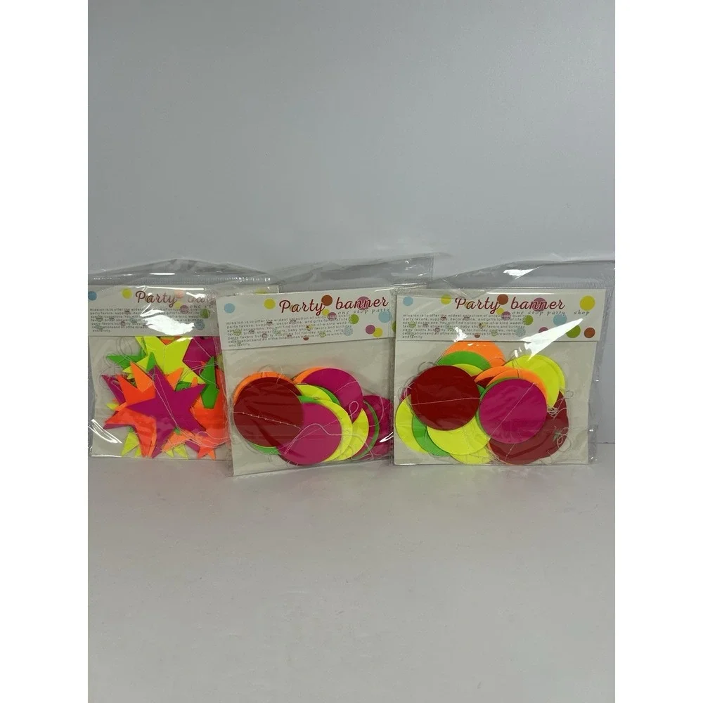 3pack Stars & Circles Black Light Reactive UV Glow Party Banner Garland